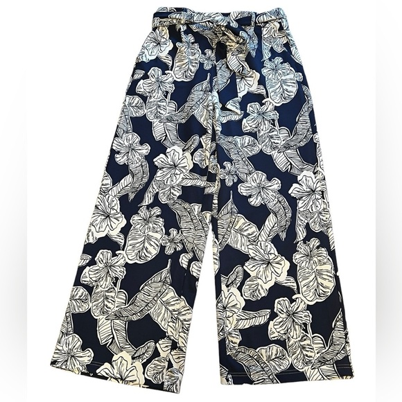 Melloday NWT blue and white tropical floral wide leg pull on pants with belt - Picture 1 of 9